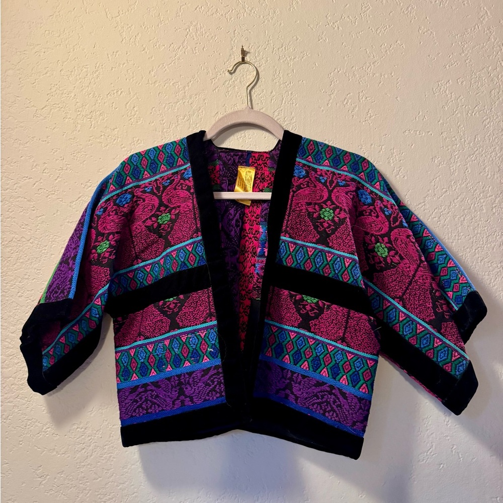 Vintage Cottage Industry Guatemalan Tapestry Jacket Cropped Open Front - Picture 2 of 5